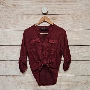 AUW Women's Maroon Tie-Front Mid Sleeve Blouse Small